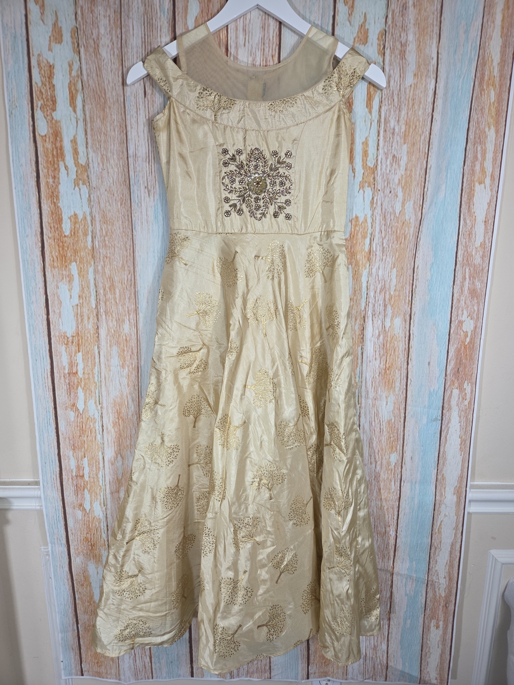 Gold Brocade Party Dress Rhinestone Embellished Floral A-Line Formal Indian.